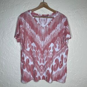 Chicos Ikat Print V-Neck Top Pink White Cotton Short Sleeve Size 3 XL 4500970209